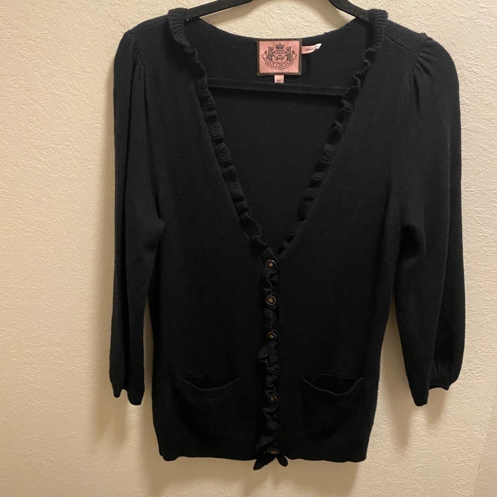 Juicy Couture Black Ruffle Trim V-Neck Wool, Cashmere, Viscose Blend Cardigan
